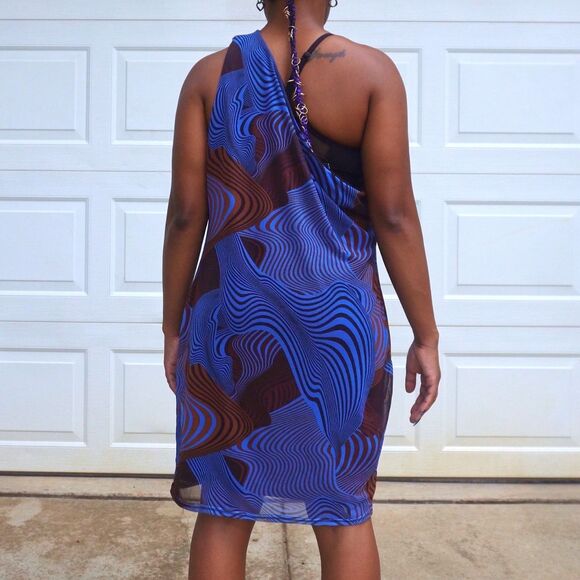 PrettyLittleThing Abstract Swirl Mesh One Shoulder Mini Dress NWT Sz 16 - Picture 3 of 15